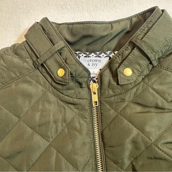Crown & Ivory Quilted Vest Gold Zip Accents Olive Green Size Large - Picture 2 of 8
